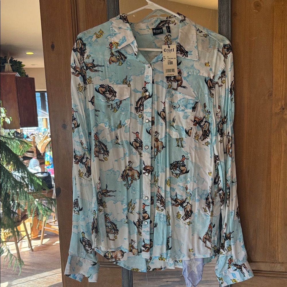 Cruel Girl Light Blue Western Print Blouse